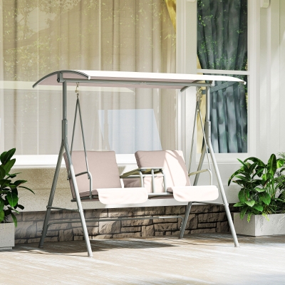 Outsunny Double Outdoor Swing Chair 2 Person Covered Swing Porch Swing w/ Pivot Table and Storage Console, Beige
