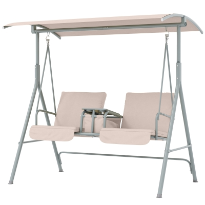 Outsunny Double Outdoor Swing Chair 2 Person Covered Swing Porch Swing w/ Pivot Table and Storage Console, Beige
