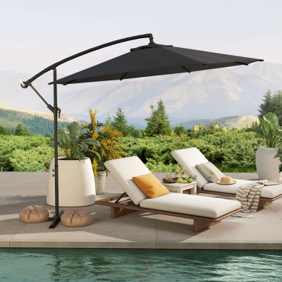 Outsunny 10ft Offset Patio Umbrella with Base, Garden Hanging Parasol with Crank, Banana Cantilever Umbrella Sun Shade, Grey