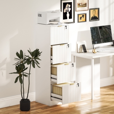 HOMCOM Lockable Filing Cabinet with 4 Fluted Drawers, File Cabinet with Adjustable Hanging Rails for A4 Letter Files, White