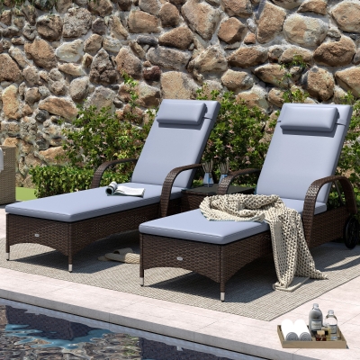 Outsunny 3 Pieces Wicker Patio Lounger Set with Table, PE Rattan Outdoor Lounge Chair Set with Cushions, Wheels, 5-Level Reclining Backrest, Headrest, Brown/Grey