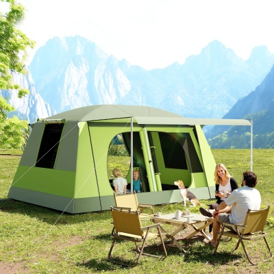 Outsunny Tunnel Tent Camping Shelter w/ Porch, Two Rooms, Lamp Hook, Portable Carry Bag, Green