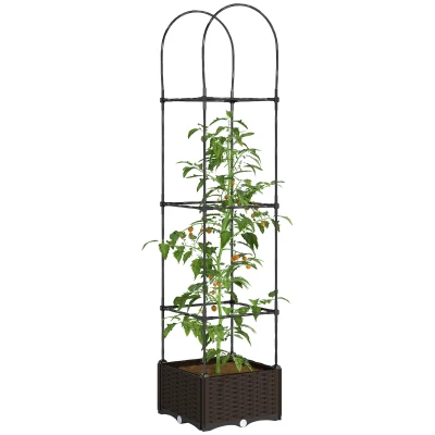 Outsunny Raised Garden Bed with Tomato Planter Cage, Plastic Planter Box with Trellis, Self-Watering Disk, Drainage Holes for Climbing Plants