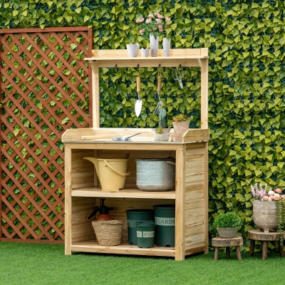 Outsunny Potting Bench Table, Wooden Garden Workstation Bench with Galvanized Metal Tabletop, Storage Shelves and Hooks for Patios, Courtyards, Balcony