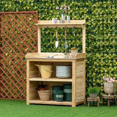 Outsunny Potting Bench Table, Wooden Garden Workstation Bench with Galvanized Metal Tabletop, Storage Shelves and Hooks for Patios, Courtyards, Balcony