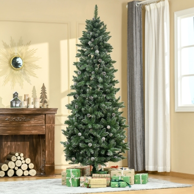 HOMCOM 7.5ft Artificial Christmas Tree, Flocked Christmas Tree with Pine Cones, 1119 Branch Tips and Metal Base, Green