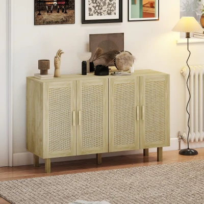 HOMCOM Boho Kitchen Buffet Cabinet with Rattan Doors, Natural