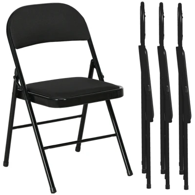 HOMCOM Set of 4 Metal Foldable Chairs, Linen Fabric Padded Folding Chairs with Cushion Seat and Open Back for Indoor, Black