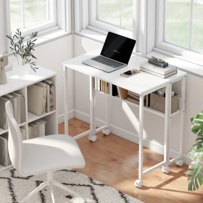 HOMCOM Folding Computer Desk with Storage Bag & Wheels, White