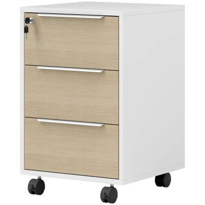 HOMCOM 3 Drawer File Cabinet with Wheels, Vertical Filing Cabinet with Lock, Oak