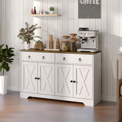 HOMCOM Kitchen Sideboard Cabinet with 2 Drawers, 4 Barn Doors and 2 Adjustable Shelves, Buffet Table for Living Room, White
