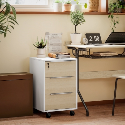 HOMCOM 3 Drawer File Cabinet with Wheels, Vertical Filing Cabinet with Lock, Oak