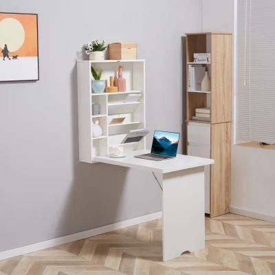 HOMCOM Wall-Mounted Convertible Desk with Storage Shelf, White