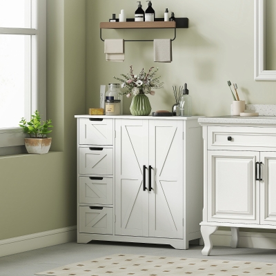 HOMCOM Bathroom Floor Cabinet, Farmhouse Bathroom Storage Cabinet with Adjustable Shelf, White