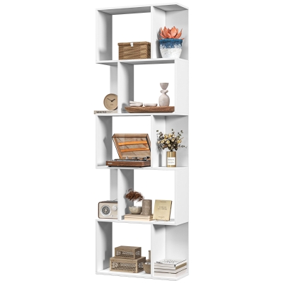 HOMCOM 5-Tier Geometric Bookshelf, S Shaped Bookcase, Modern Freestanding Display Shelf Unit for Home Office, White