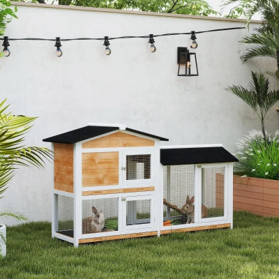 PawHut 62" Wooden Rabbit Hutch with Run Area, Nature Wood