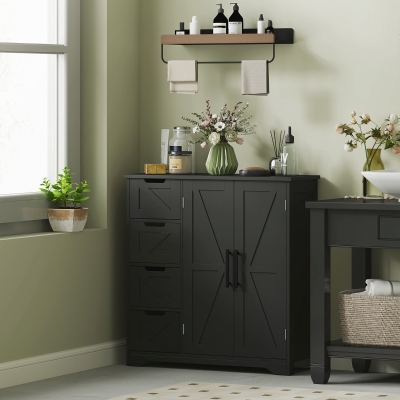 HOMCOM Bathroom Floor Cabinet, Farmhouse Bathroom Storage Cabinet with Adjustable Shelf, Black