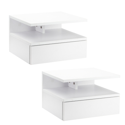 HOMCOM Set of Two Floating Bedside Tables with Drawer and Open Shelf for Bedroom, White