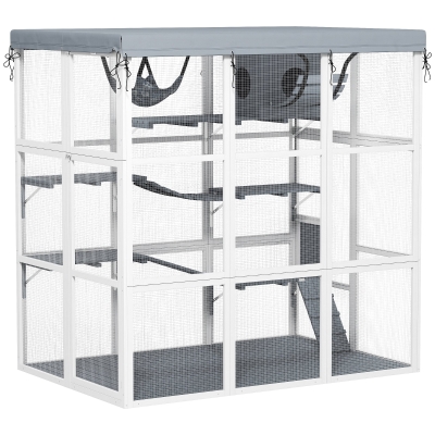PawHut 71" Catio Outdoor Cat Enclosure w/ Weatherproof Tarp, Hammock, Condo, Jump Platforms, Ladders, Ramps, for 2-4 Kittens
