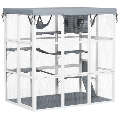 PawHut 71" Catio Outdoor Cat Enclosure w/ Weatherproof Tarp, Hammock, Condo, Jump Platforms, Ladders, Ramps, for 2-4 Kittens