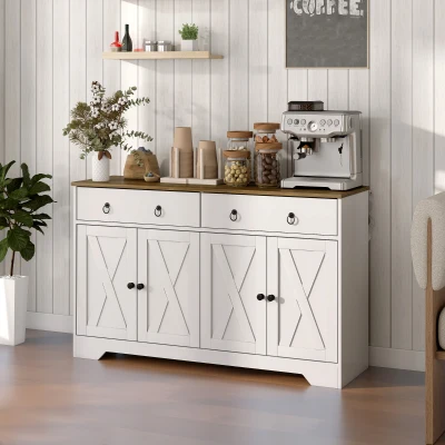 HOMCOM Farmhouse Buffet Cabinet with Barn Doors & Drawers, White
