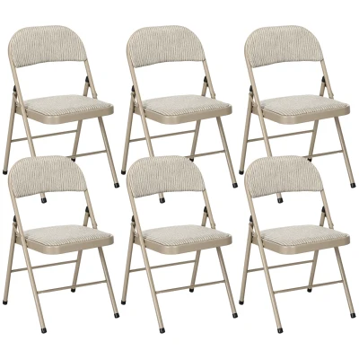 HOMCOM Set of 6 Metal Foldable Chairs, Linen Fabric Padded Folding Chairs with Cushion Seat and Open Back for Indoor, Beige