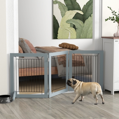 PawHut Freestanding Pet Gate, Folding Dog Gate with 2 Support Feet, 24" High, 3 Panels, for Small Dogs, Indoor Use - Grey