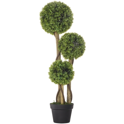 HOMCOM 3FT Potted Fake Plant, Artificial Boxwood Topiary Tree, Triple Ball Tree for Indoor and Outdoor, Green