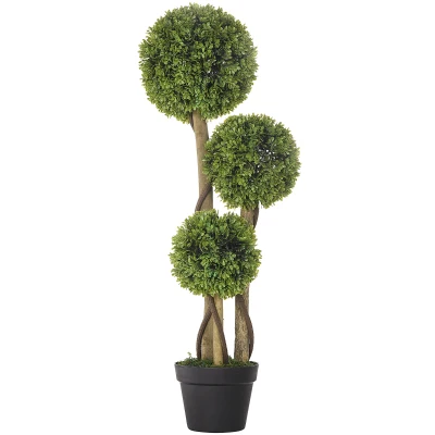 HOMCOM 3FT Potted Fake Plant, Artificial Boxwood Topiary Tree, Triple Ball Tree for Indoor and Outdoor, Green