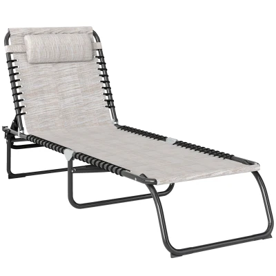 Outsunny Outdoor Folding Lounge Chair, 4-Level Adjustable Chaise Lounge with Headrest, Tanning Chair Beach Bed, Reclining Lounger Cot for Camping, Hiking, Backyard, Cream