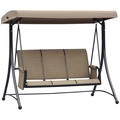 Outsunny 3 Person Porch Swing Outdoor Swing Chair with High Back Design, Side Pouches and Adjustable Canopy, Brown