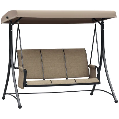 Outsunny 3 Person Porch Swing Outdoor Swing Chair with High Back Design, Side Pouches and Adjustable Canopy, Brown