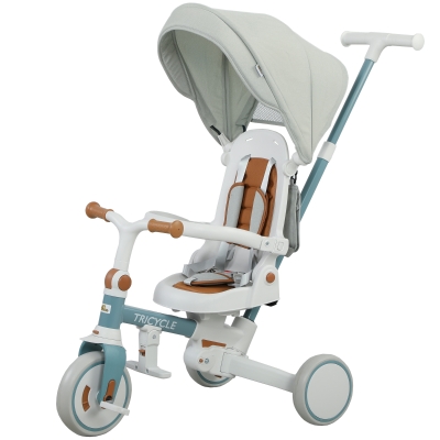 Qaba 7 in 1 Toddler Tricycle with Safety Harness, Adjustable & Removable Parent Handle, Canopy, Storage Bag, Brake, Blue