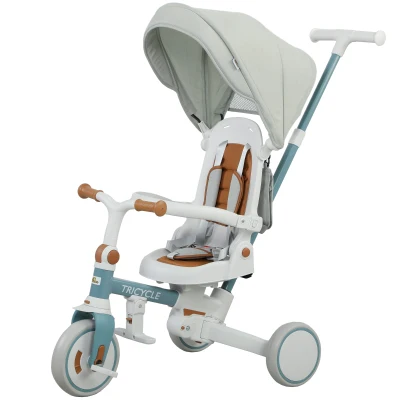 Qaba 7 in 1 Toddler Tricycle with Safety Harness, Adjustable & Removable Parent Handle, Canopy, Storage Bag, Brake, Blue