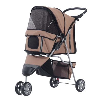 PawHut Cat Stroller, 3 Wheels Foldable Dog Stroller with Storage Basket, Brake, Adjustable Canopy, Cupholders, Pet Stroller for Miniature and Small Dogs Travel, Coffee