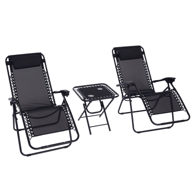 Outsunny Zero Gravity Chair Set of 2 Patio Chair with Side Table Cupholders and Pillows for Pool, Backyard, Lawn, Black