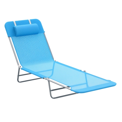Outsunny Outdoor Lounge Chair, Portable Adjustable Reclining Seat Folding Chaise Lounge Patio Camping Beach Tanning Chair Bed with Pillow, Blue