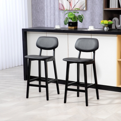 HOMCOM Bar Stools Set of 2, PU Leather Counter Height Barstools, Bar Chairs with Footrest and Solid Wood Legs, Black