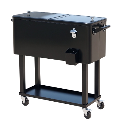 Outsunny 80 Quart Rolling Cooler Cart Portable Patio Ice Beer Beverage Cooling Bin for Outdoor Party w/ Bottle Opener & Storage Shelf Black