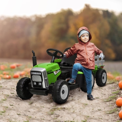Aosom 12V Kids Ride on Tractor with Trailer, Battery Powered Electric Tractor with Remote Control, Music Start up Sound and Horn, USB, LED Lights, Green