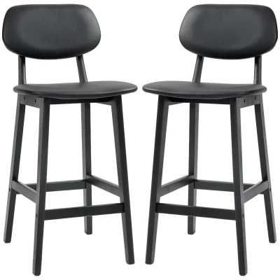 HOMCOM Bar Stools Set of 2, PU Leather Counter Height Barstools, Bar Chairs with Footrest and Solid Wood Legs, Black