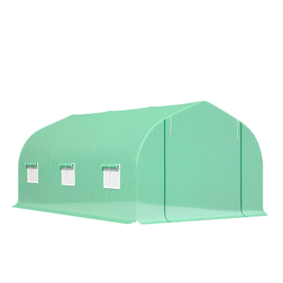 Outsunny 15' x 10' x 7' Walk-in Greenhouse Outdoor Plant Tunnel Warm Hot House w/ Roll Up Door and 6 Mesh Windows, Steel Frame, Green