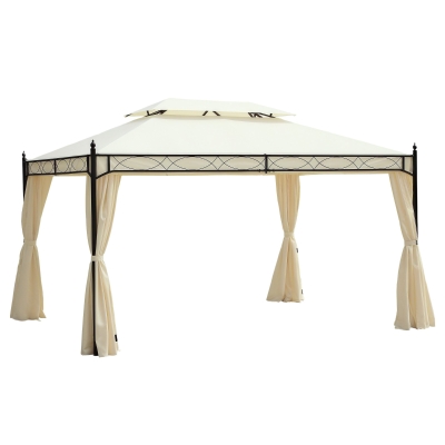 Outsunny 10x13ft Garden Gazebo Double-Tiered with Curtain Outdoor Shelter Backyard Canopy Cream White