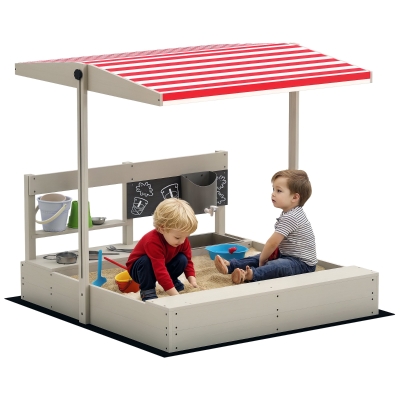 Outsunny Kids Sandbox with Cover Kitchen Playset Toys, Wooden Sand Box with Seat, Storage, for 3-7 Years Old, Grey