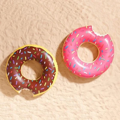 Set of 2 Donut Pool Float with Bite-Mark Design, Pink+Brown