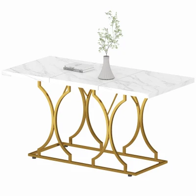 HOMCOM 59-Inch Dining Table for 6, Modern Marble-Pattern Kitchen Dinner Table with Metal Pedestal for Home, Dining Room, White