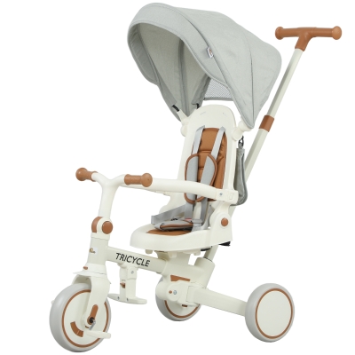 Qaba 7 in 1 Toddler Tricycle w/ Safety Harness, Adjustable & Removable Parent Handle, Canopy, Storage Bag, Brake, Cream White