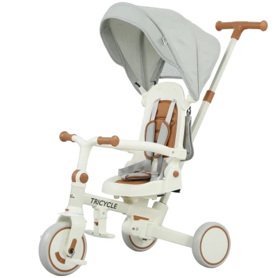 Qaba 7 in 1 Toddler Tricycle w/ Safety Harness, Adjustable & Removable Parent Handle, Canopy, Storage Bag, Brake, Cream White