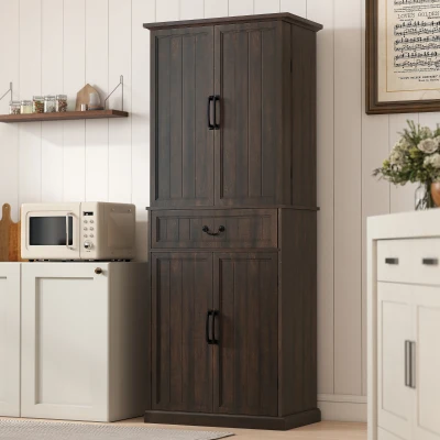 HOMCOM 71" LED Kitchen Pantry Cabinet, Distressed Brown