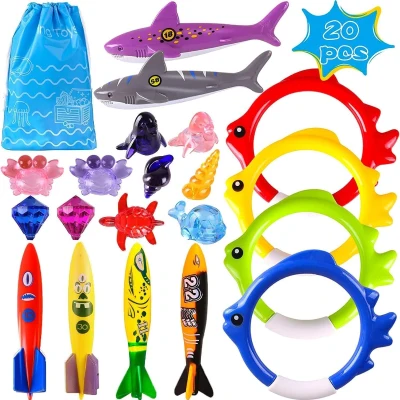 Fun Swim Games Sinking Set with Torpedo, Gems, Shark Rings, Sea Animals, and Storage Bag, Multicolor